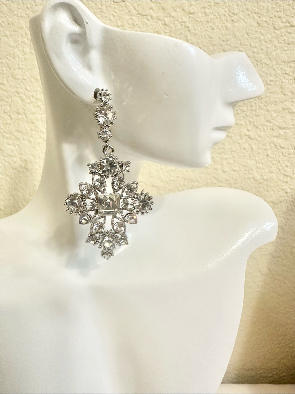 Vintage Inspired Crystal Cross Drop Earrings — Silver Tone